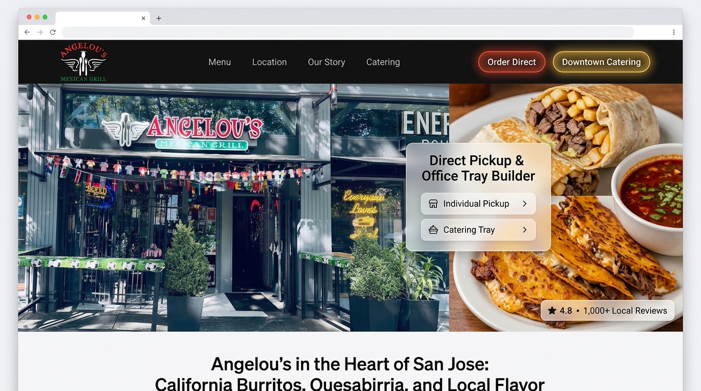 Proposed Angelou's homepage with storefront, signature dishes and direct pickup ordering